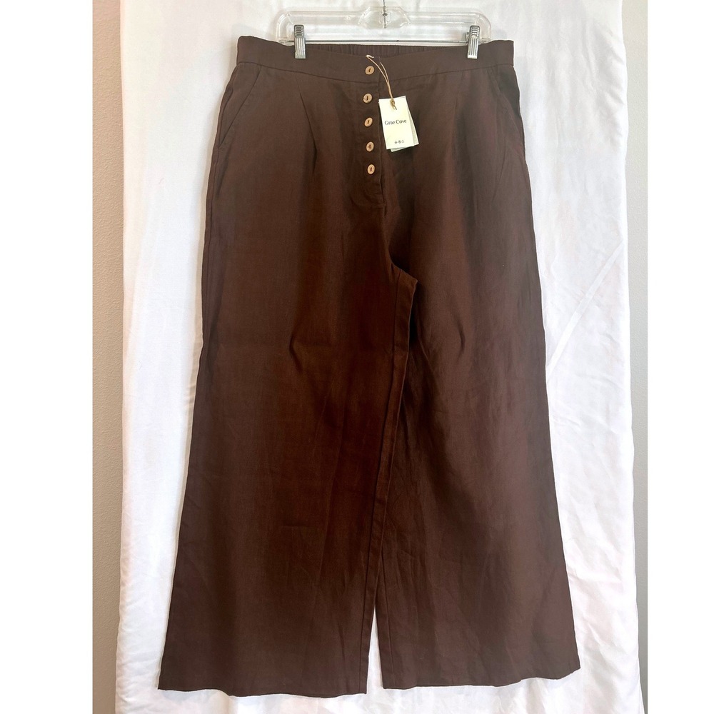 Grae Cove Brown Linen Wide Leg Pants NWT Button Fly Elastic Waist Trousers